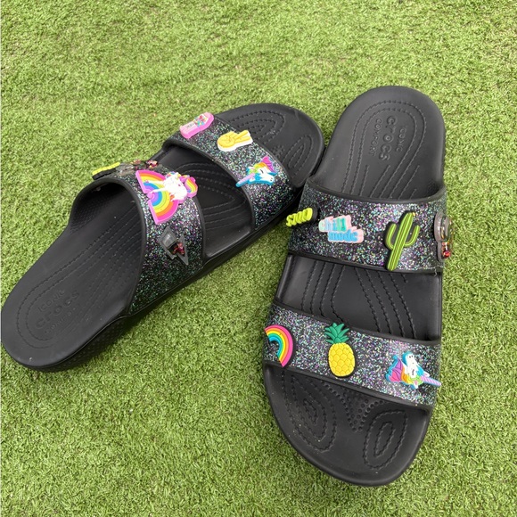 CROCS Shoes - CROCS Black Glitter Sandals with Colorful Charms